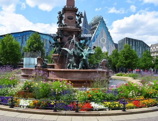 Leipzig Augustusplatz with mende fountain in bloom