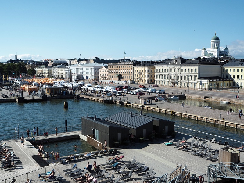 Allas Sea Pool and Helsinki market with cathedral in the background